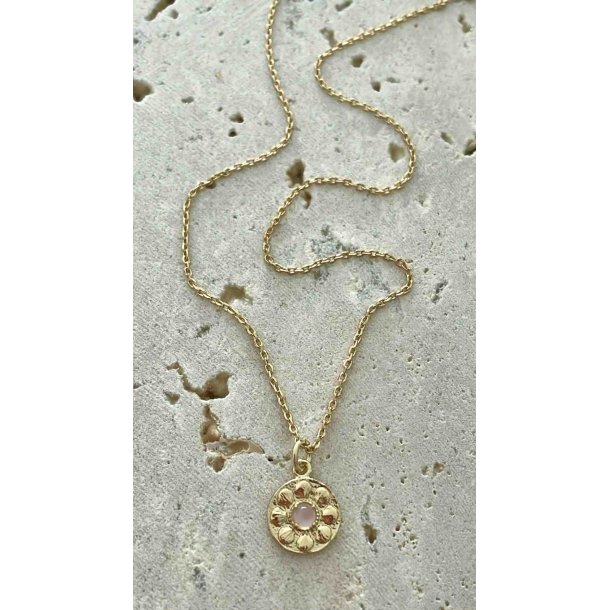 FRIIHOF+SIIG - FLOWER ROSEQUARTZ STONE - GULDBELAGT HALSKDE